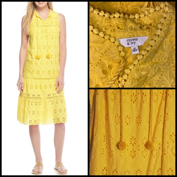 Crown & Ivy Yellow Crochet Eyelet Lace Pom Pom Tie Midi Dress - Picture 3 of 7